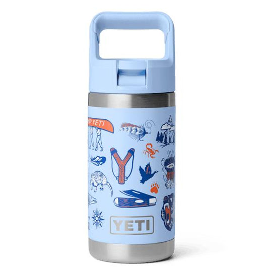 Light blue 12 oz YETI Rambler Jr. stainless steel kids bottle with straw cap and outdoor-themed graphic print.