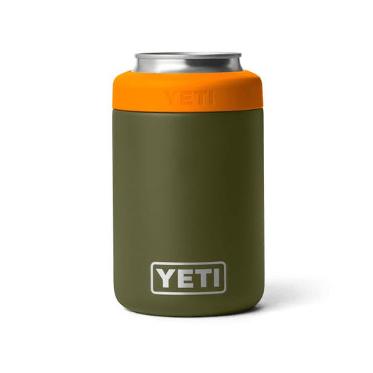 Olive green YETI Rambler 12 oz Colster can insulator with an orange Load-and-Lock gasket on a white background.