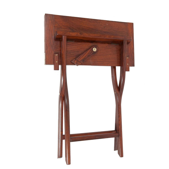 Folded rosewood campaign table with brass hardware and curved legs, standing 32 inches tall.