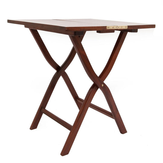 Folding rosewood campaign table with curved legs and polished brass hinges, 21.5-inch square top.
