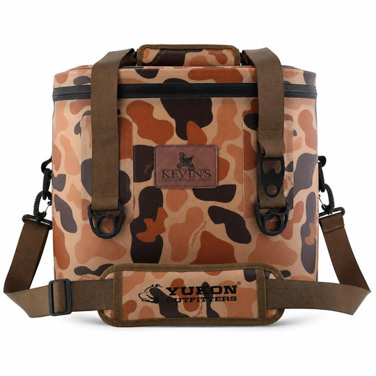 Camo 30-can tech cooler with rugged TPU construction, lashing points, shoulder strap, and Kevin's Yukon Outfitters patch.