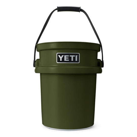 Olive green YETI LoadOut 5-gallon bucket made of durable high-density polyethylene with a black handle.