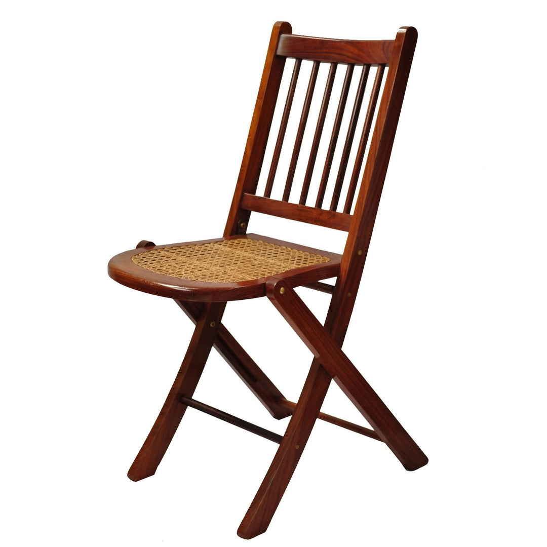 Folding Jaipur polo chair crafted from dark rosewood with a natural woven cane seat and slatted backrest.
