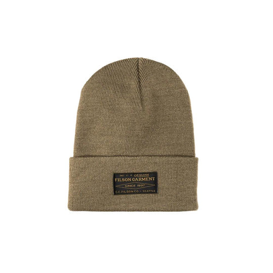 Olive green Filson acrylic knit watch cap with a cuffed brim and a branded black patch on the front.