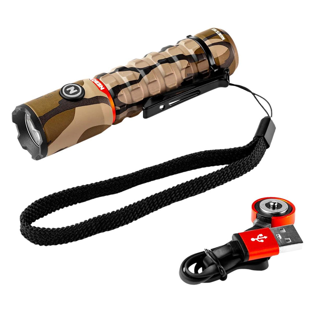 Nebo Torchy 2K flashlight in Mossy Oak Bottomland camo with black wrist lanyard and magnetic USB charging dock.
