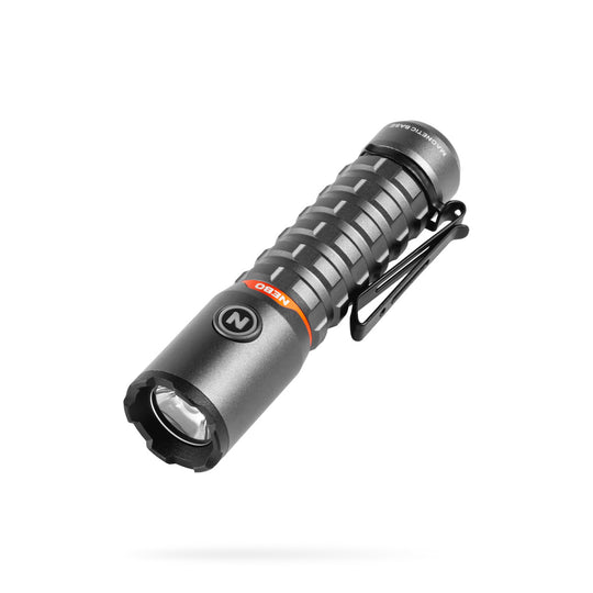 Compact Nebo Torchy 2K flashlight in matte black aluminum with a side clip, power button, and magnetic base.