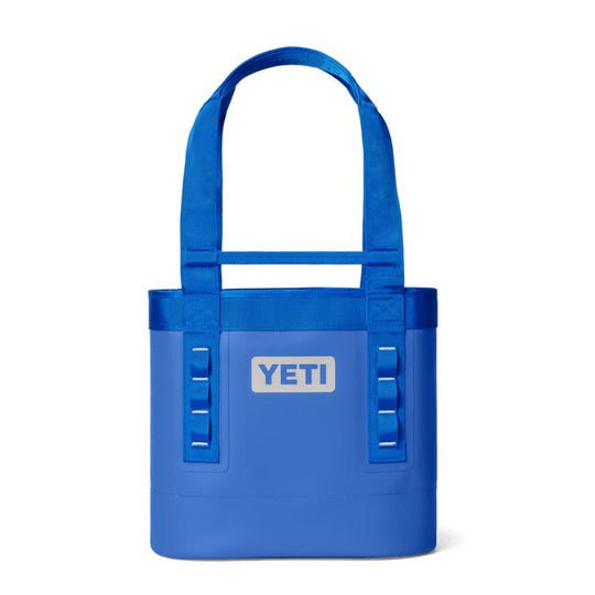 YETI Camino 20 Carryall tote in blue, featuring waterproof, durable material, sturdy shoulder straps, and gear loops.
