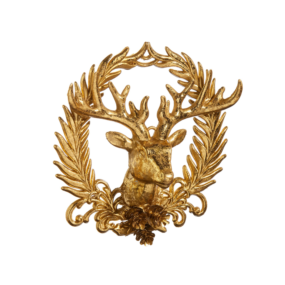 6-inch gold plastic deer ornament featuring a detailed stag head framed by an elegant festive wreath emblem.