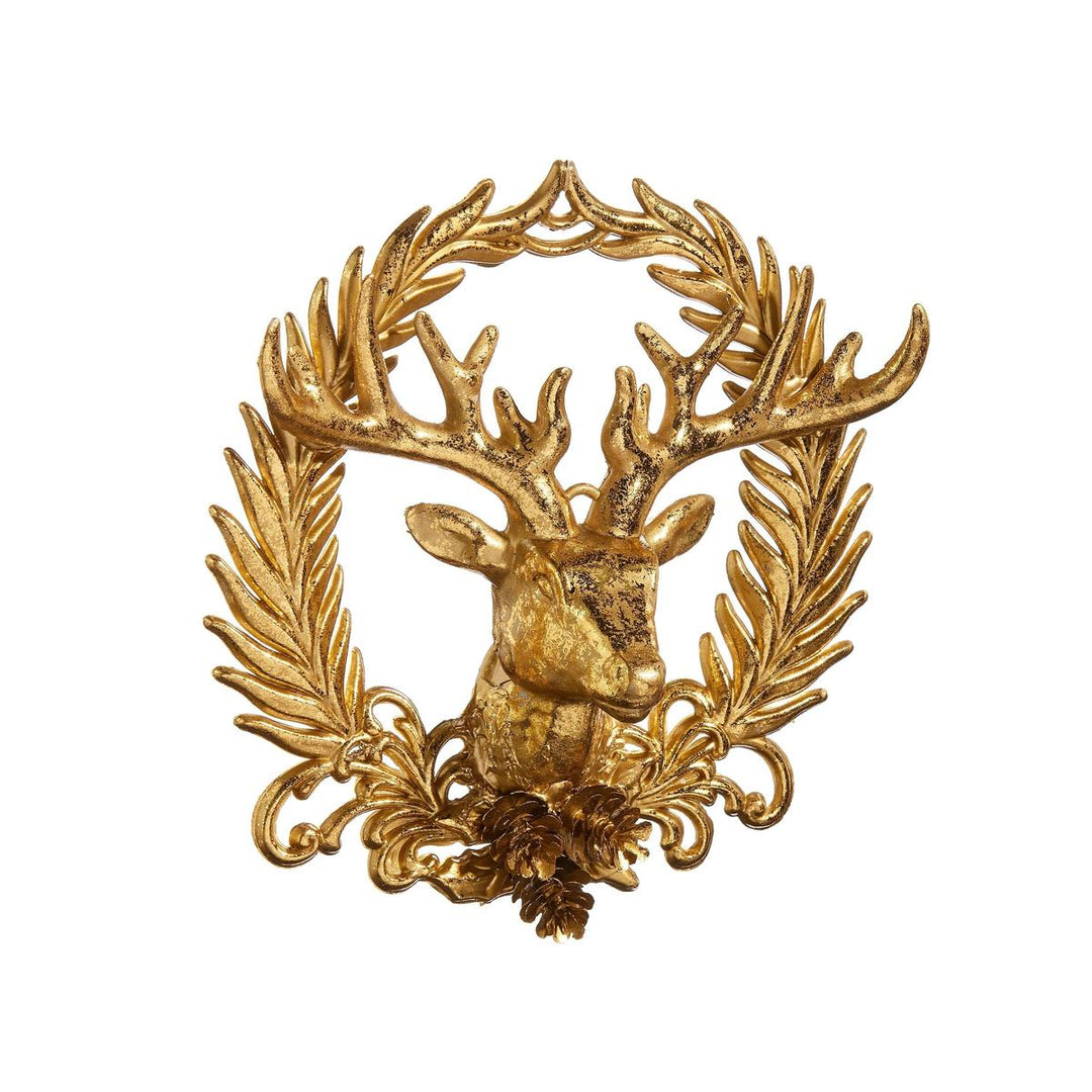 6-inch gold plastic deer ornament featuring a detailed stag head framed by an elegant festive wreath emblem.