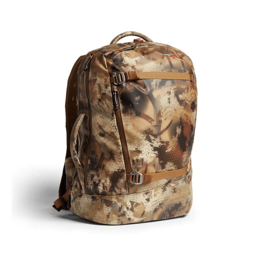 Sitka Full Choke waterproof hunting backpack in camouflage print with RF-welded seams and durable TPU-coated fabric.