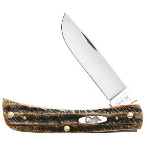 Case Sod Buster Jr. folding knife with a mirror-polished stainless steel skinner blade and jigged honey-amber BoneStag handle.