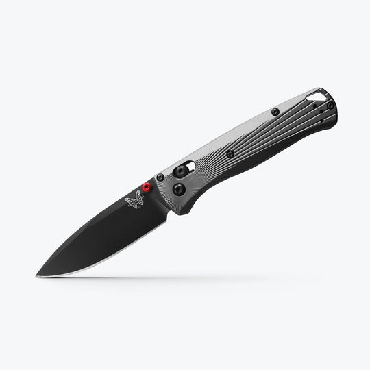 Benchmade Bugout folding knife with a black blade, grey textured handle, and a signature red thumb stud.