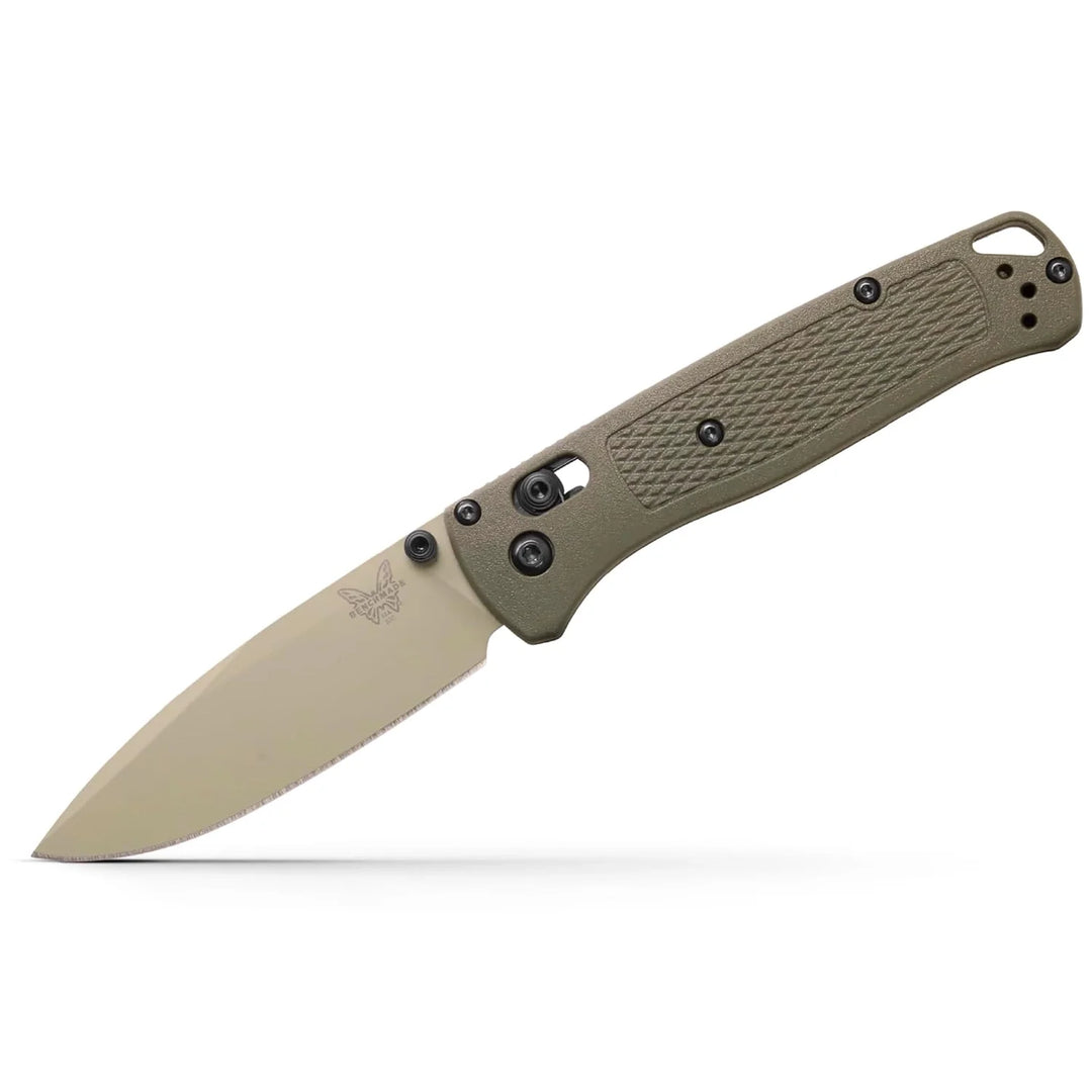 Benchmade Bugout folding knife with an olive drab textured handle and a matching flat earth drop-point blade.