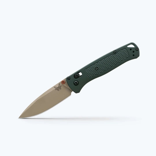 Benchmade Bugout folding knife with a tan drop-point blade and textured olive green handle for everyday carry.