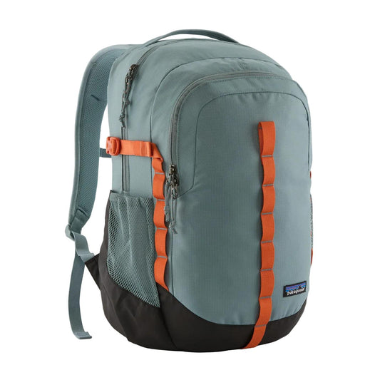 Patagonia Refugio 26L daypack in blue-grey with orange daisy chain straps, mesh side pockets, and black base.
