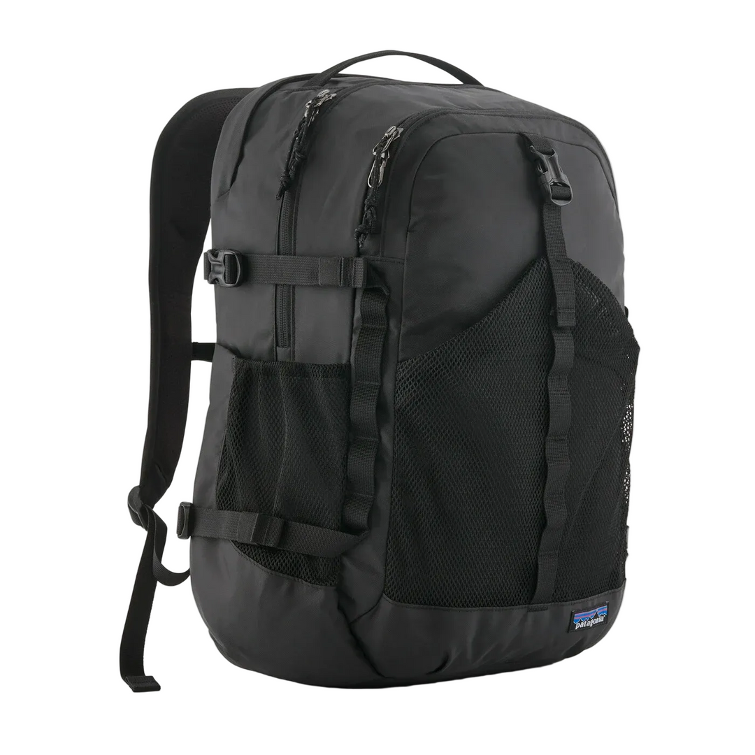 Black Patagonia Refugio 30L daypack featuring a front mesh pocket, side compression straps, and durable recycled fabric.