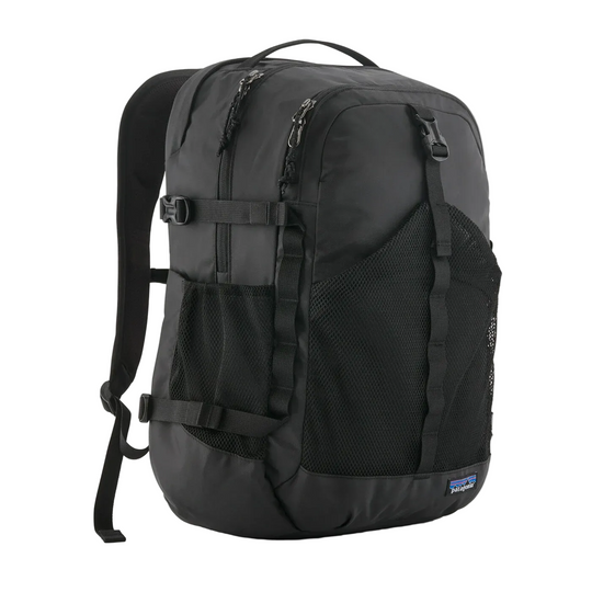 Black Patagonia Refugio 30L daypack featuring a front mesh pocket, side compression straps, and durable recycled fabric.