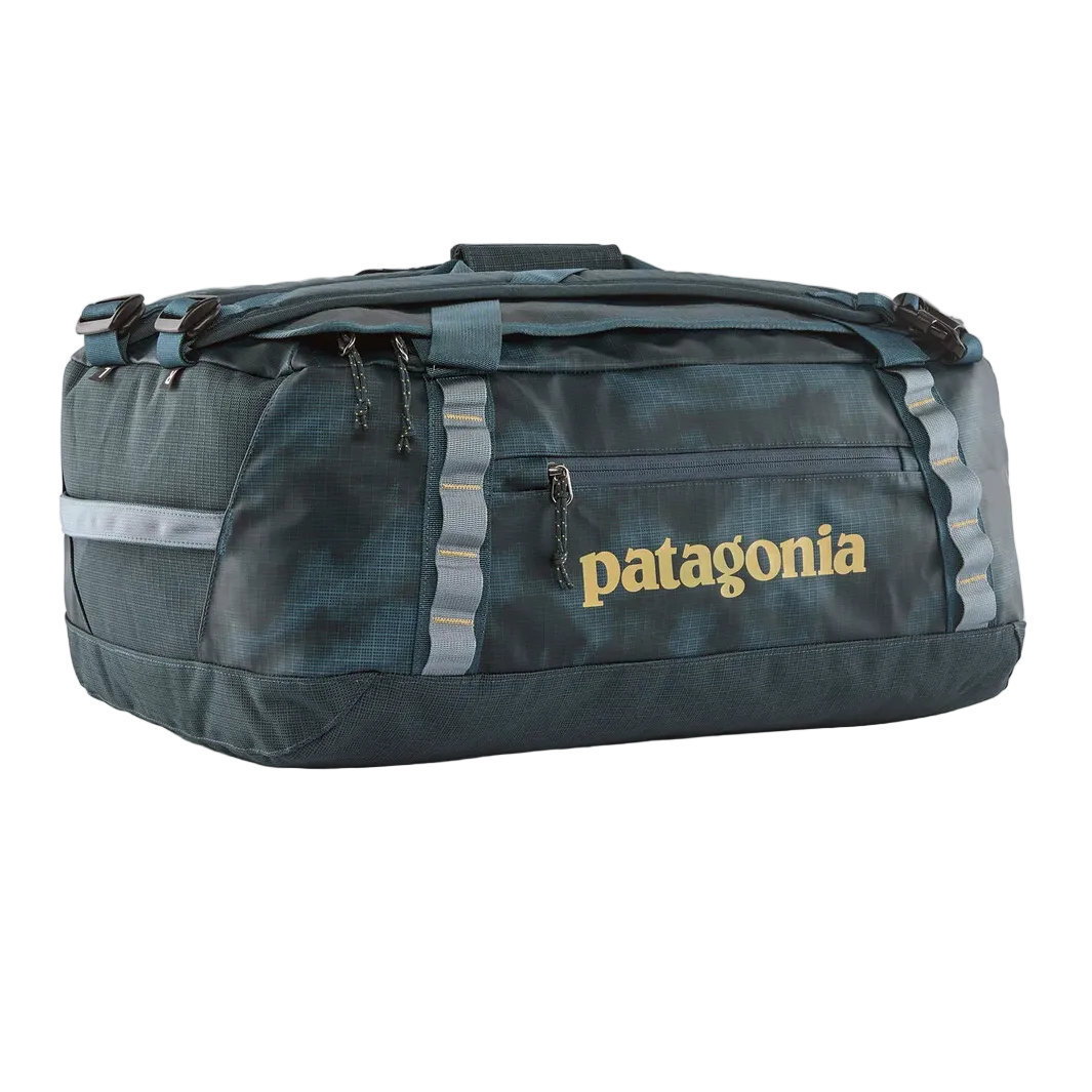 Patagonia Black Hole 40L duffel bag in dark blue ripstop with a weather-resistant finish and daisy chain webbing.