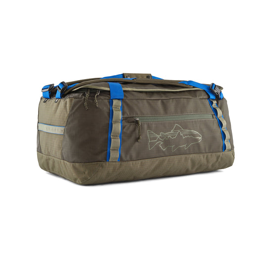 Olive green Patagonia Black Hole 55L duffel bag with bright blue straps, side pocket, and fish graphic on white background.