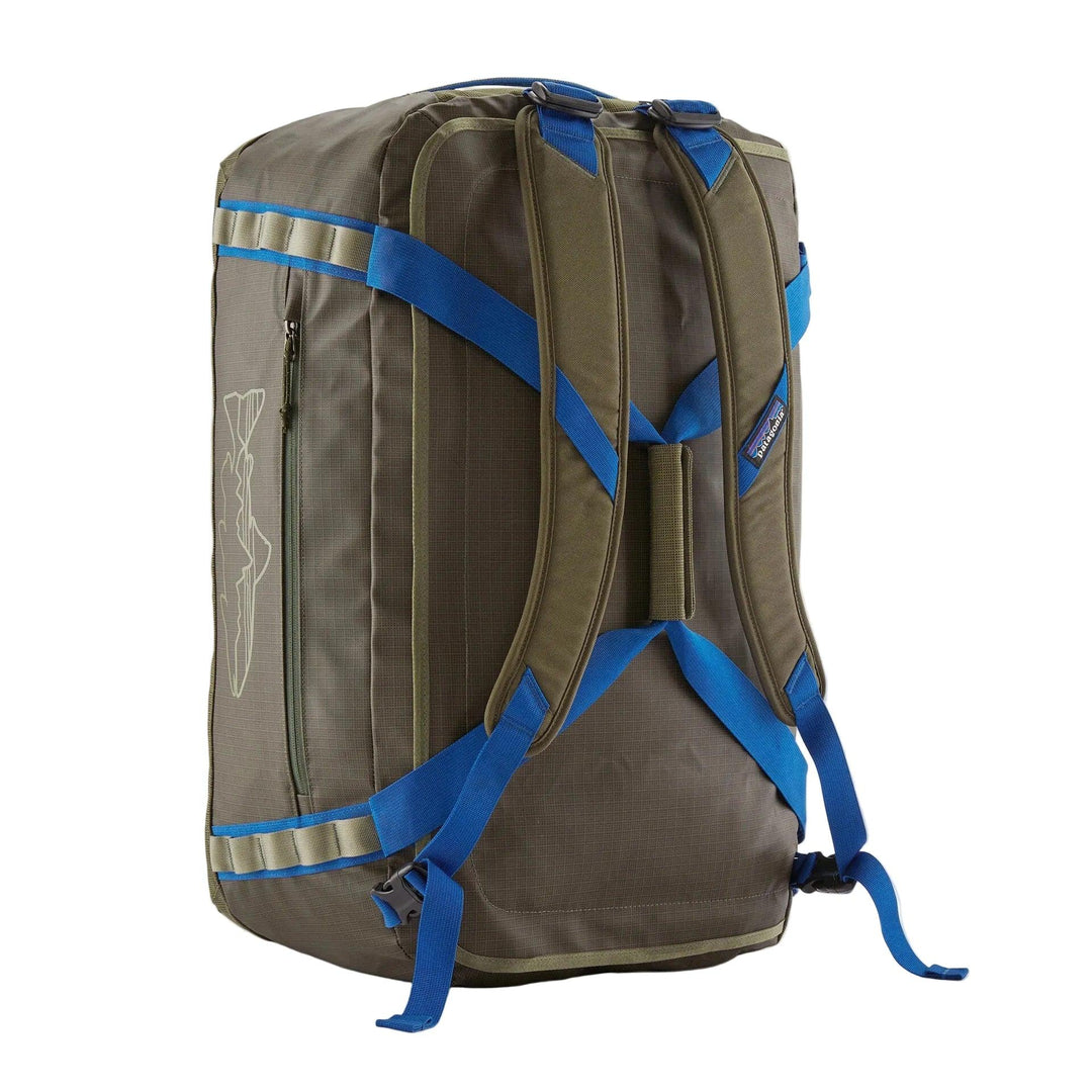 Olive green Patagonia 55L Black Hole duffel bag with blue straps, backpack carry system, and side daisy chains.