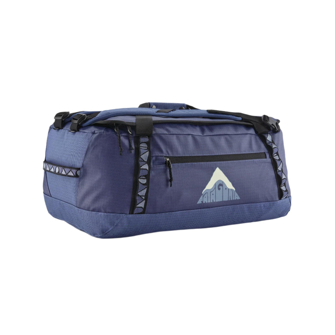 Navy blue Patagonia Black Hole 55L duffel bag in durable, weather-resistant ripstop fabric with daisy chain gear loops.