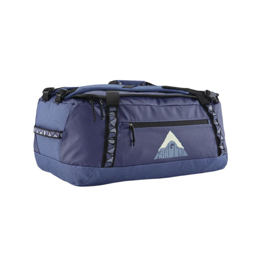 Navy blue Patagonia Black Hole 55L duffel bag in durable, weather-resistant ripstop fabric with daisy chain gear loops.