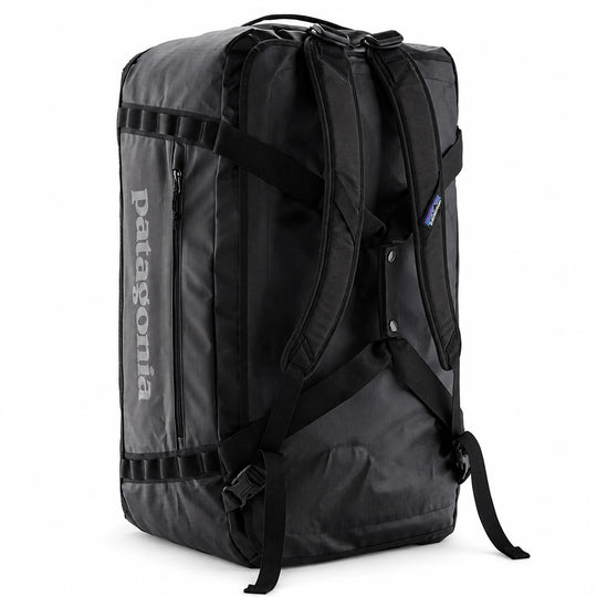 Black Patagonia Black Hole 70L duffel bag featuring backpack straps, durable recycled fabric, and daisy chain lash points.