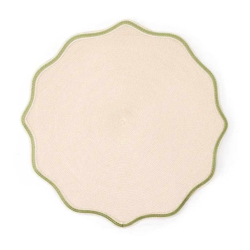 16-inch round sand-colored woven placemat with a decorative scalloped edge and green piped trim.