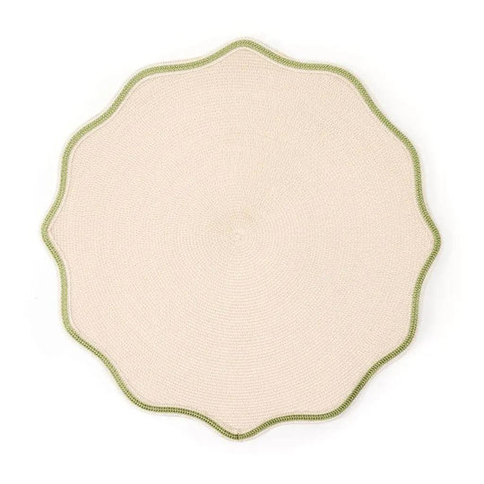 16-inch round sand-colored woven placemat with a decorative scalloped edge and green piped trim.