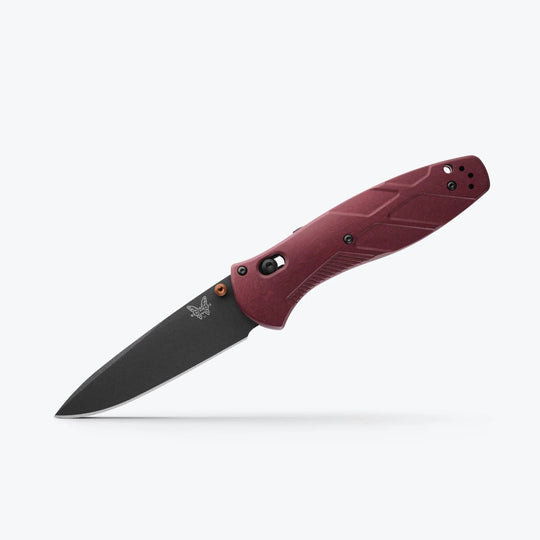 Benchmade Barrage assisted-opening knife with a black drop-point blade and textured maroon handle.