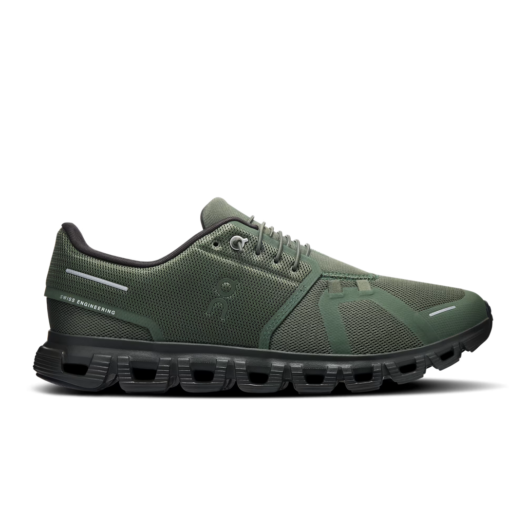 A single On running shoe in olive green and black, shown from a side profile view against a clean white background.
