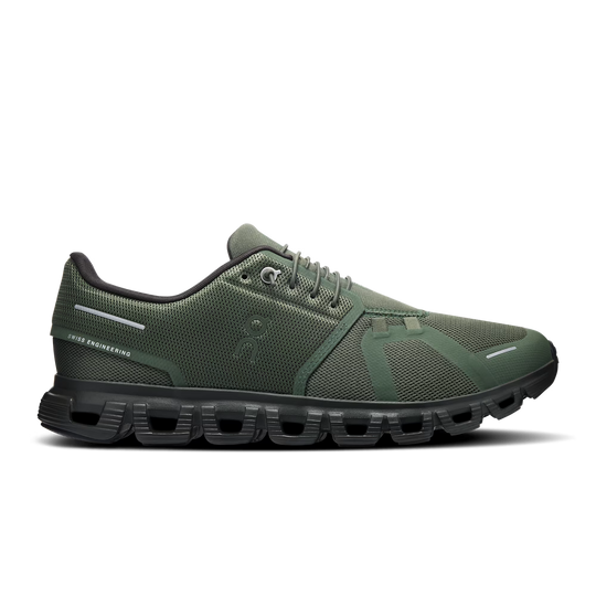 A single On running shoe in olive green and black, shown from a side profile view against a clean white background.
