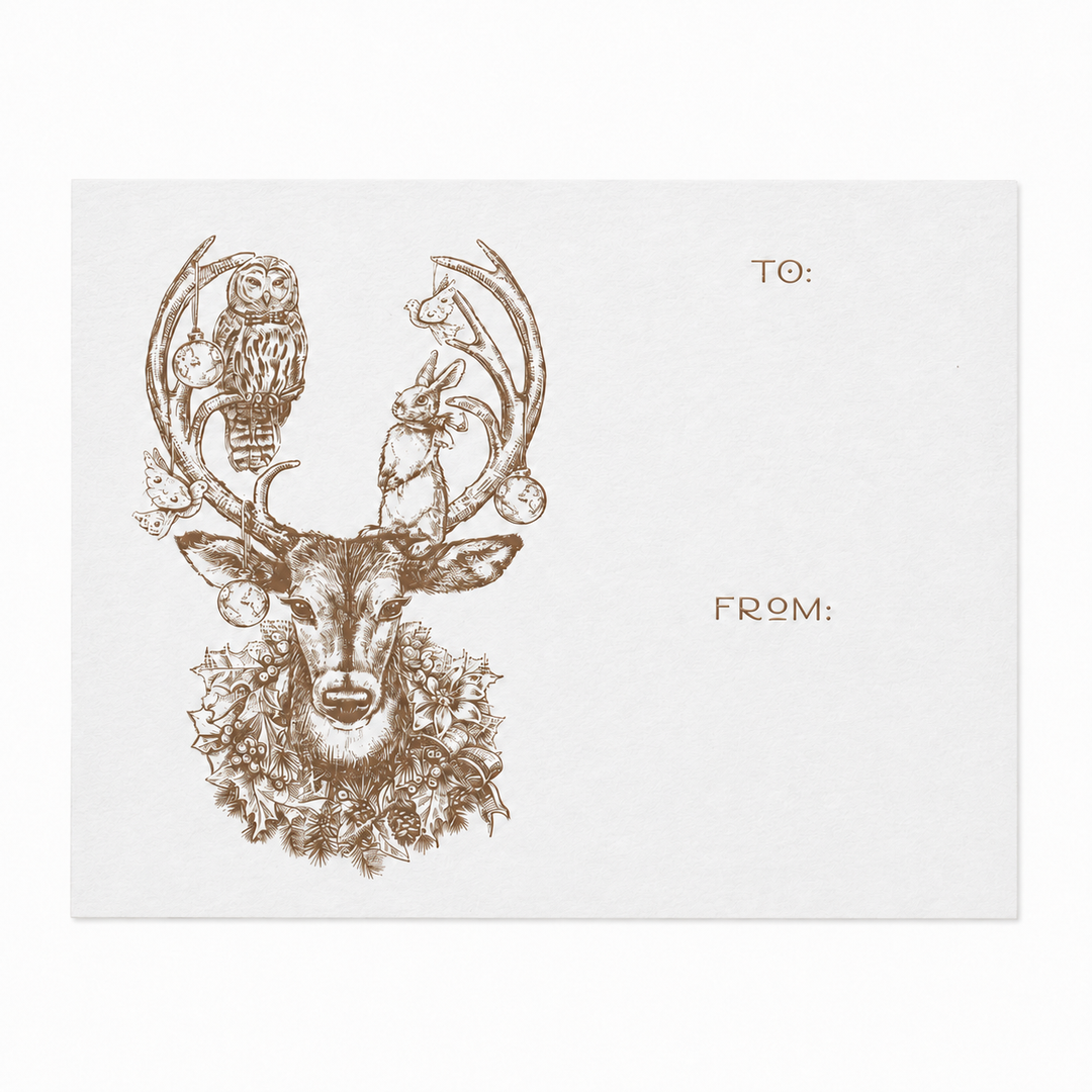 Kevin's Upland gift sticker featuring a brown deer illustration with woodland animals and To/From text on white paper.