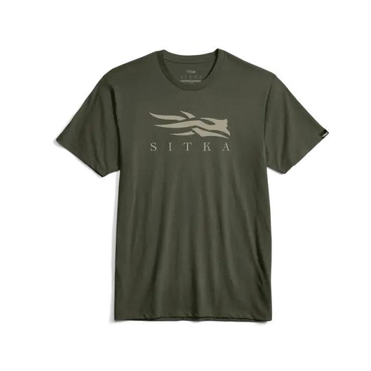 Olive green Sitka Icon Pima cotton t-shirt featuring a tan logo graphic on the chest.