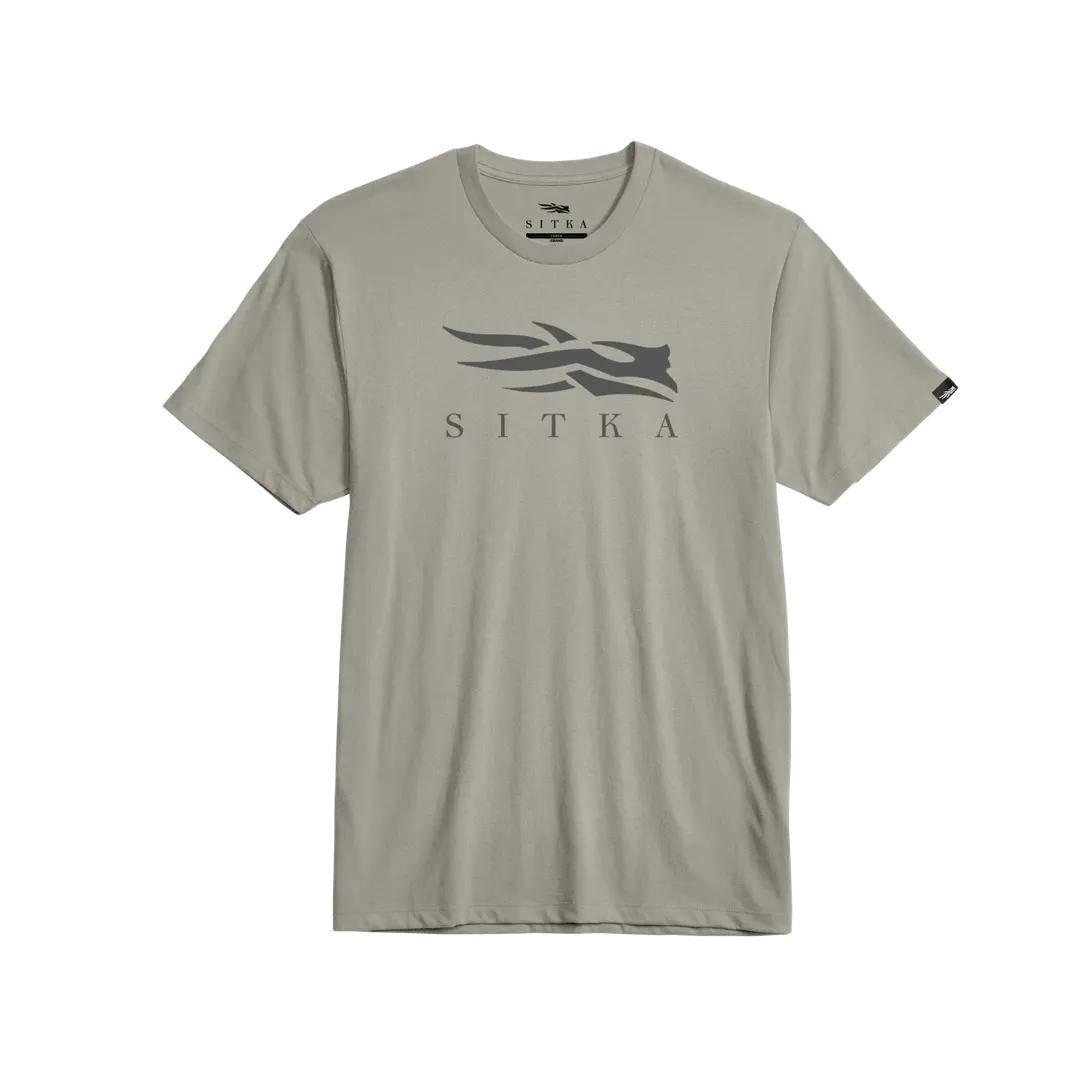 Sage green Sitka Icon Pima cotton t-shirt featuring a dark grey logo graphic on the chest.