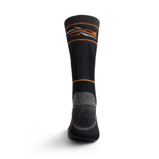 A single athletic crew sock shown from the back on a white background. The sock is primarily black with a textured gray heel and toe area, featuring orange and white graphic stripes near the cuff.