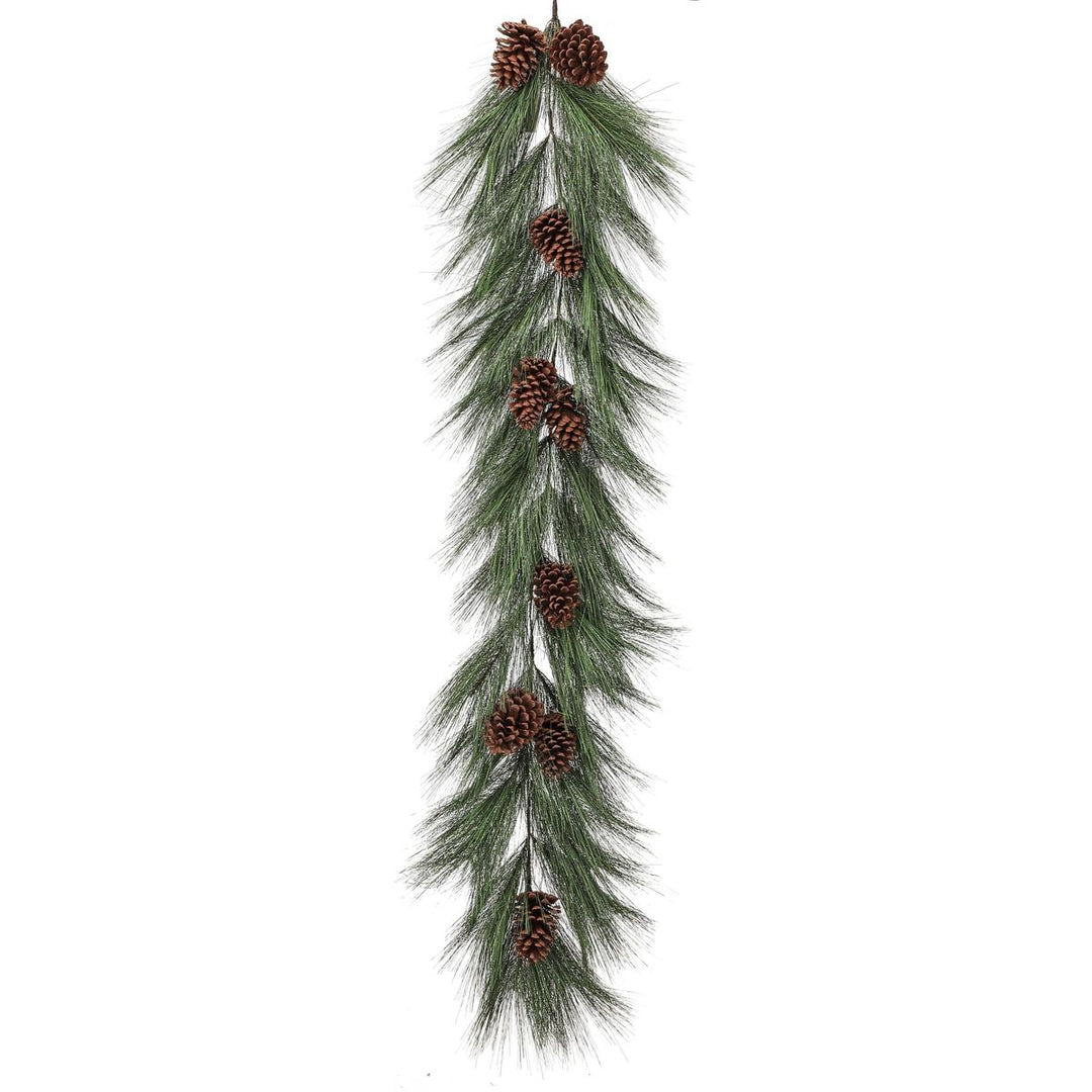 60-inch horsetail pine garland featuring realistic green needles and natural brown pine cones for holiday decor.