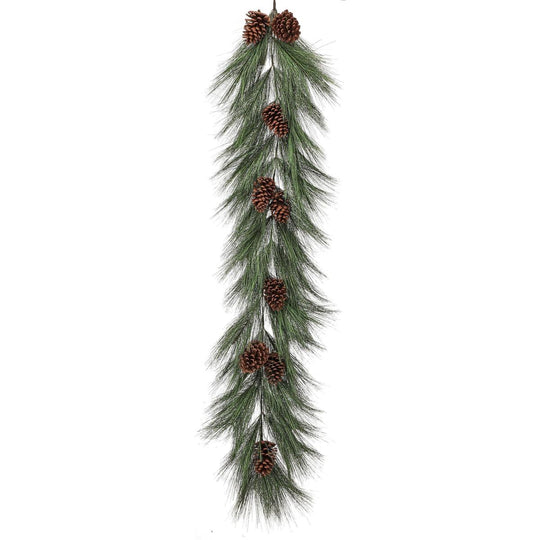 60-inch horsetail pine garland featuring realistic green needles and natural brown pine cones for holiday decor.