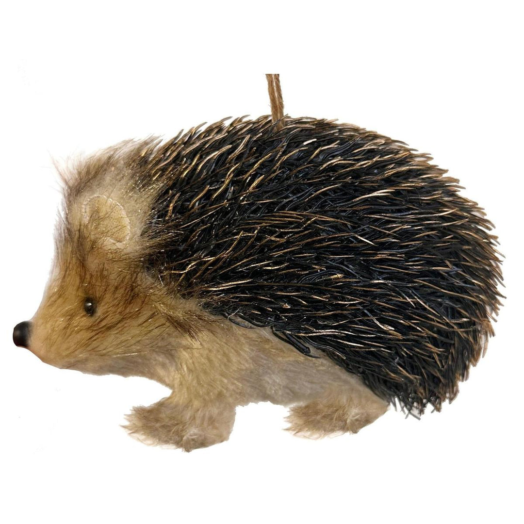 7-inch hedgehog Christmas ornament with textured black and brown faux fur quills and a soft tan face.