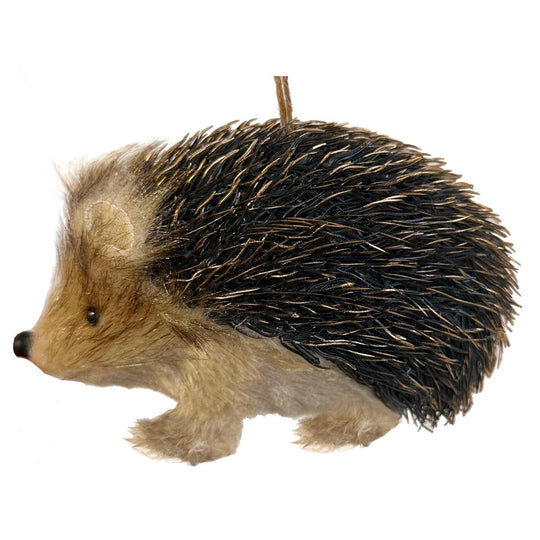 7-inch hedgehog Christmas ornament with textured black and brown faux fur quills and a soft tan face.