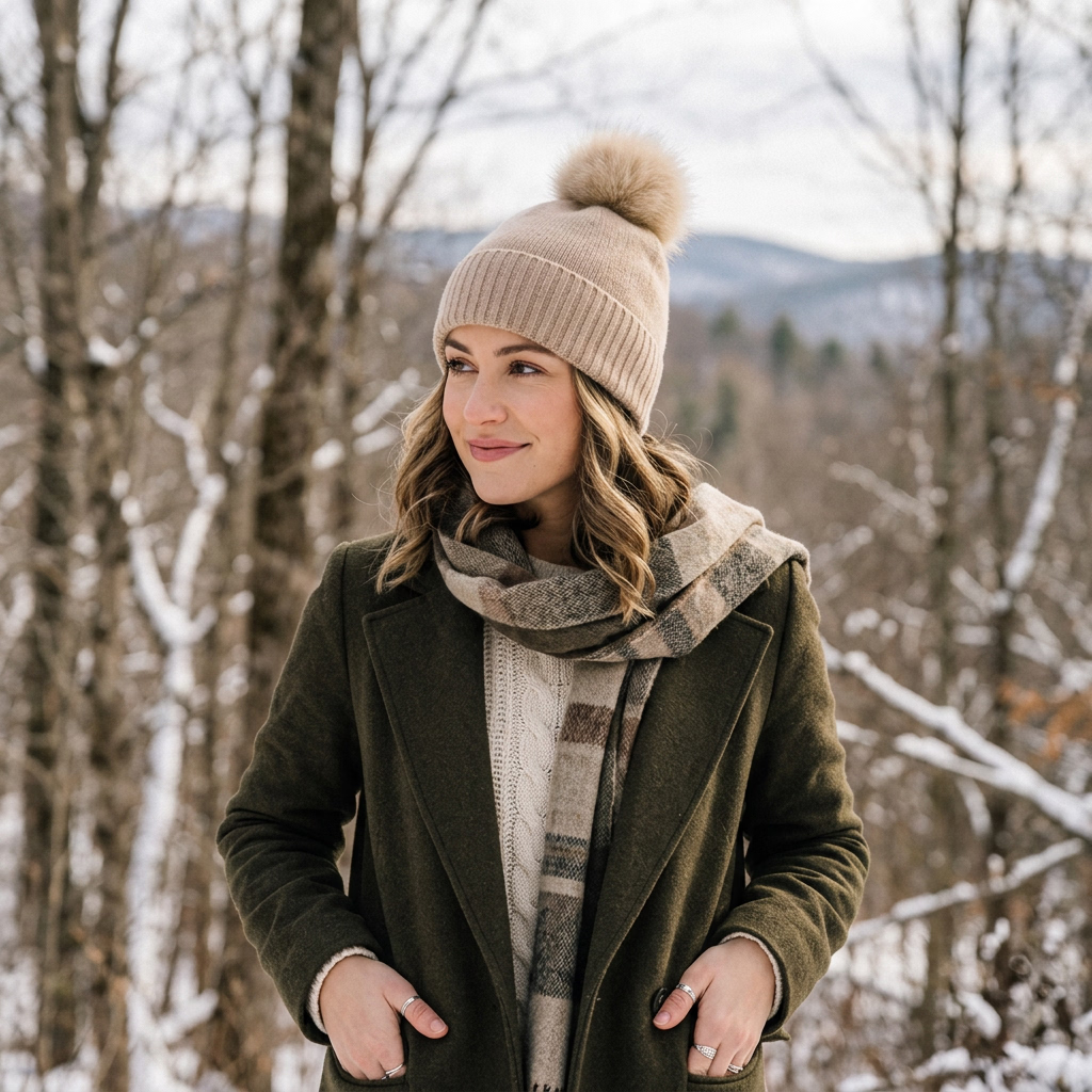Knitted Cashmere Beanie with Fox Pom Poms