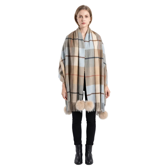 Woven Thin Plaid Scarf with Fox Pom Poms