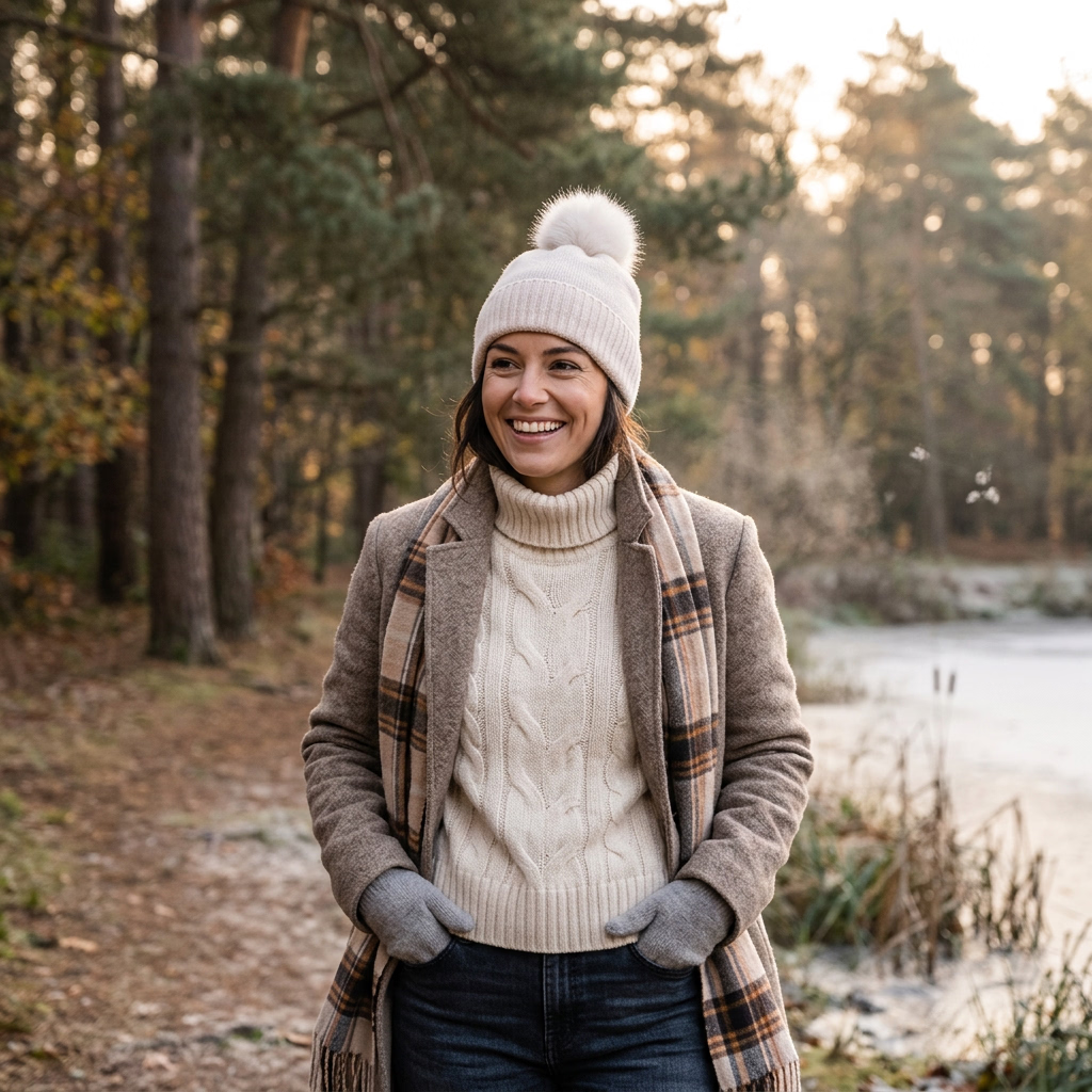 Knitted Cashmere Beanie with Fox Pom Poms