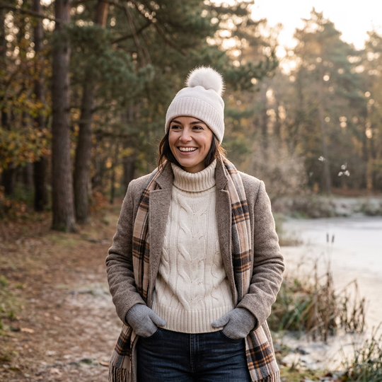 Knitted Cashmere Beanie with Fox Pom Poms