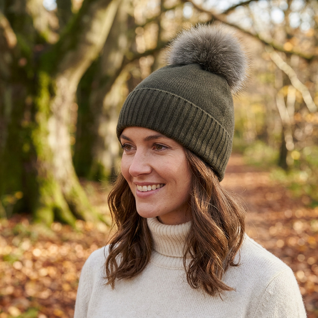 Knitted Cashmere Beanie with Fox Pom Poms