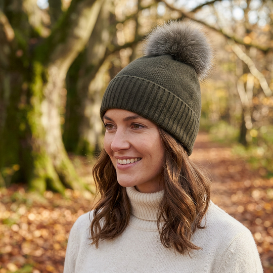 Knitted Cashmere Beanie with Fox Pom Poms
