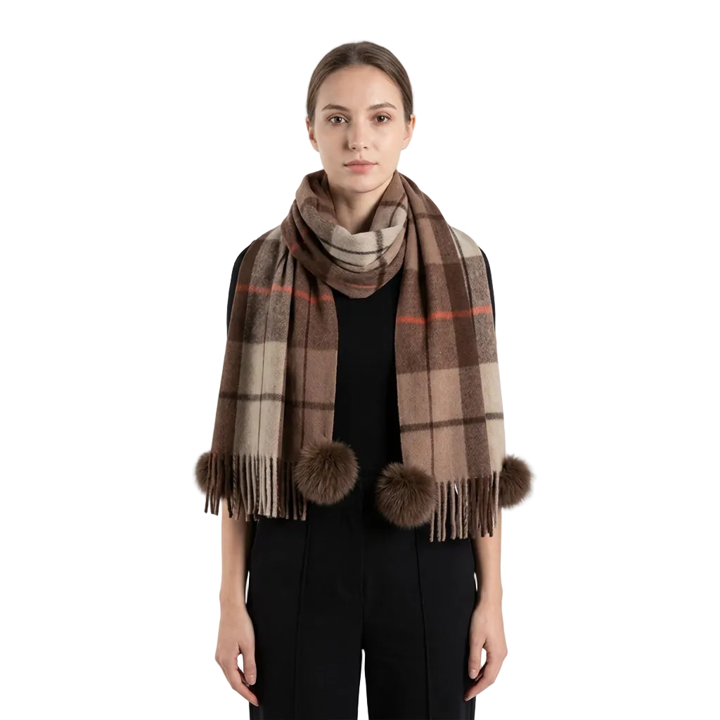 Woven Thin Plaid Scarf with Fox Pom Poms