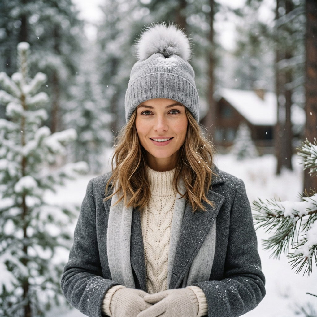 Knitted Cashmere Beanie with Fox Pom Poms