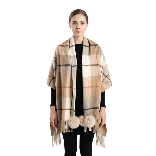 Woven Thin Plaid Scarf with Fox Pom Poms