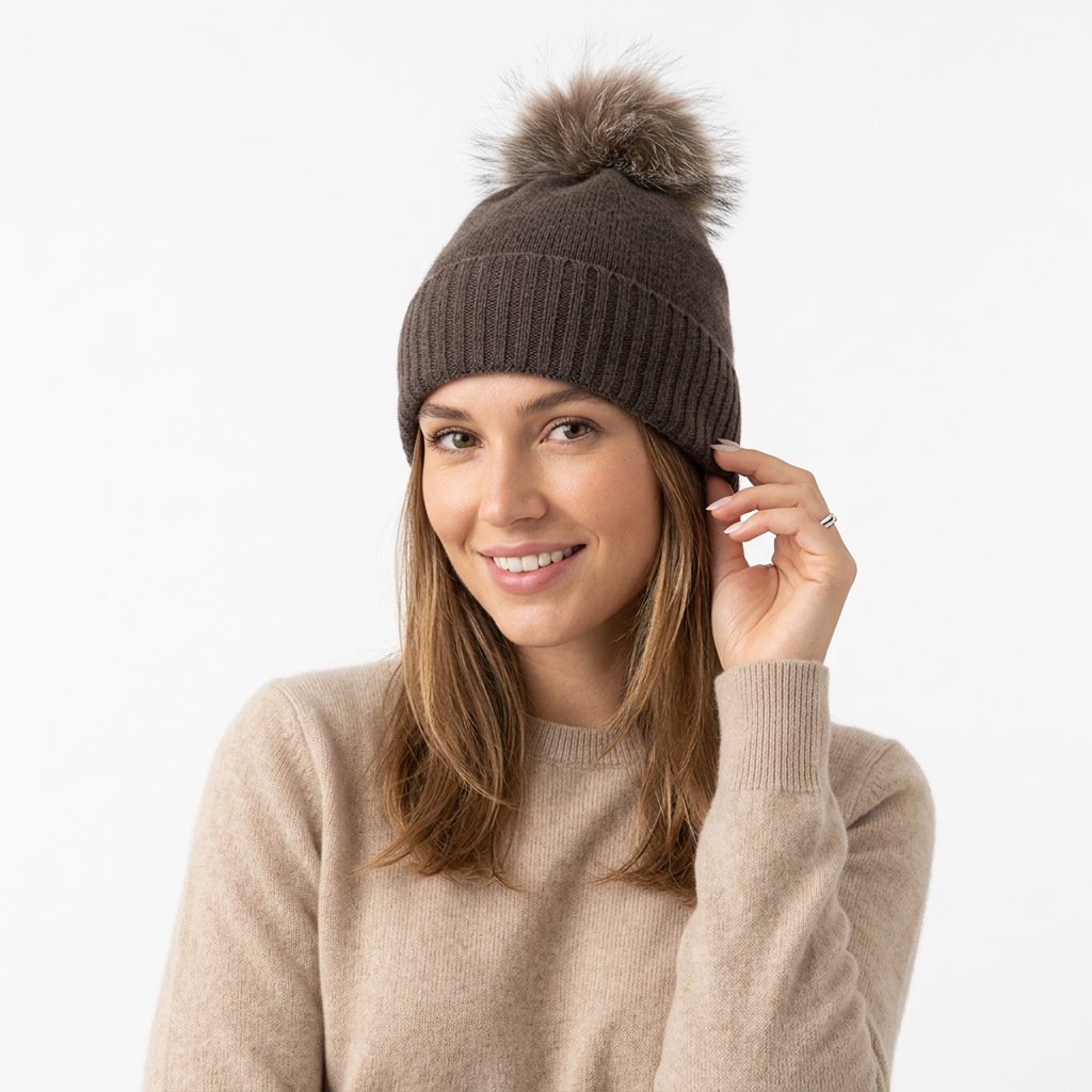 Knitted Cashmere Beanie with Fox Pom Poms